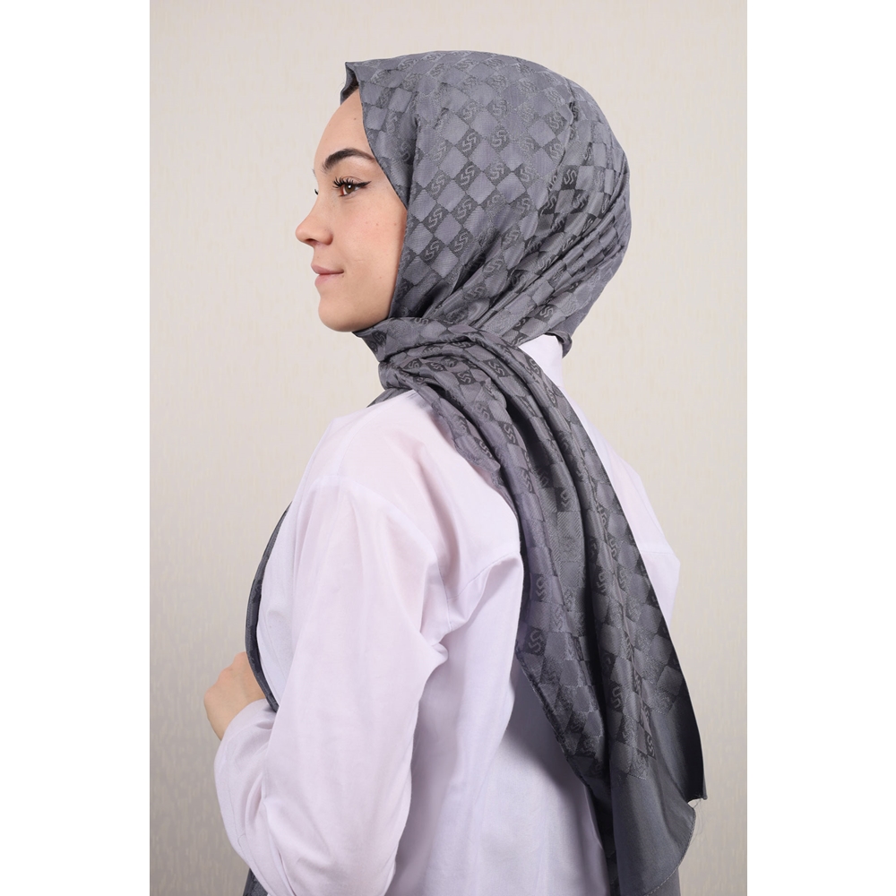 Piramit Kendinden Desenli Monogram Şal - Desen-01 - Lacivert