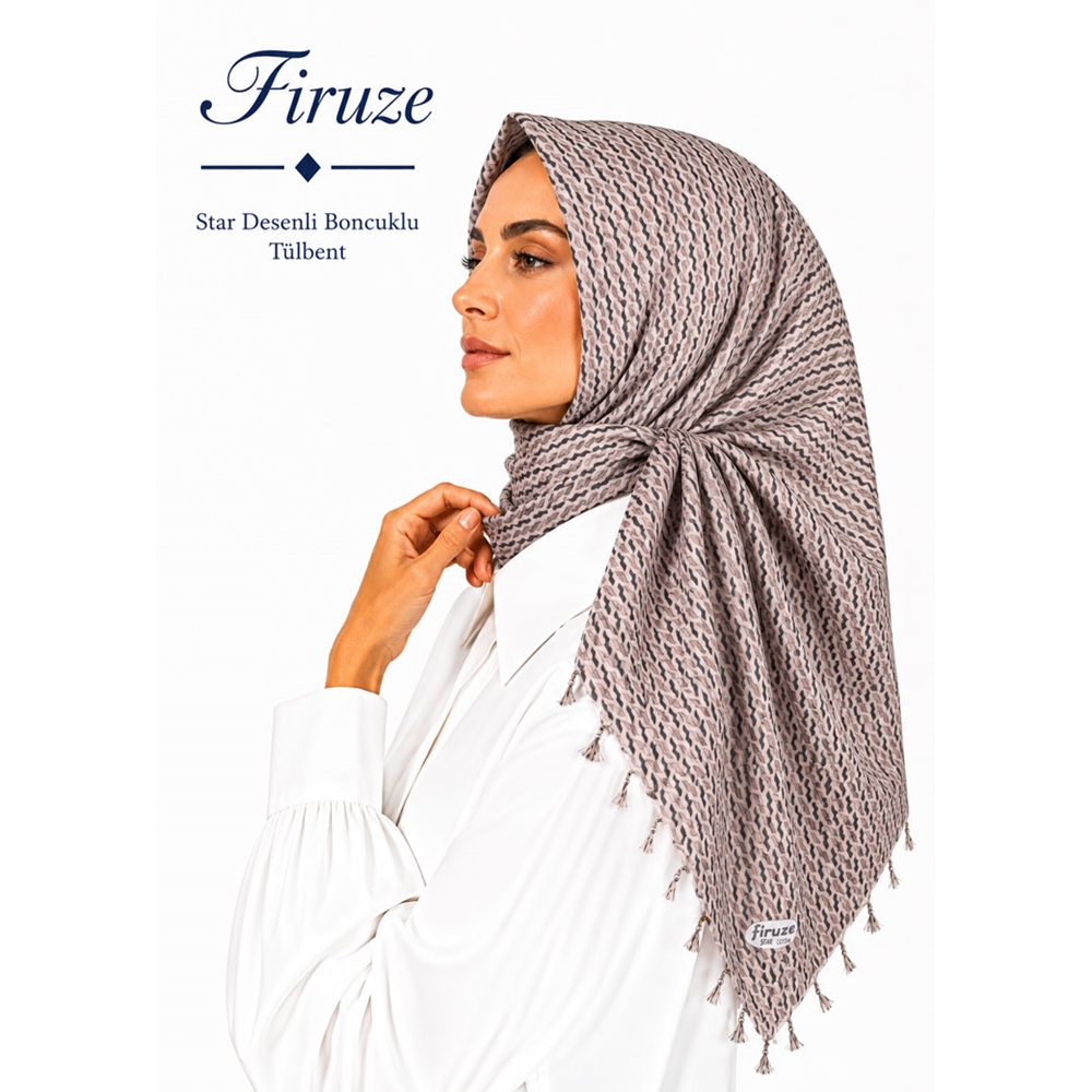 Firuze Star Desenli Boncuklu Tülbent - Desen-57