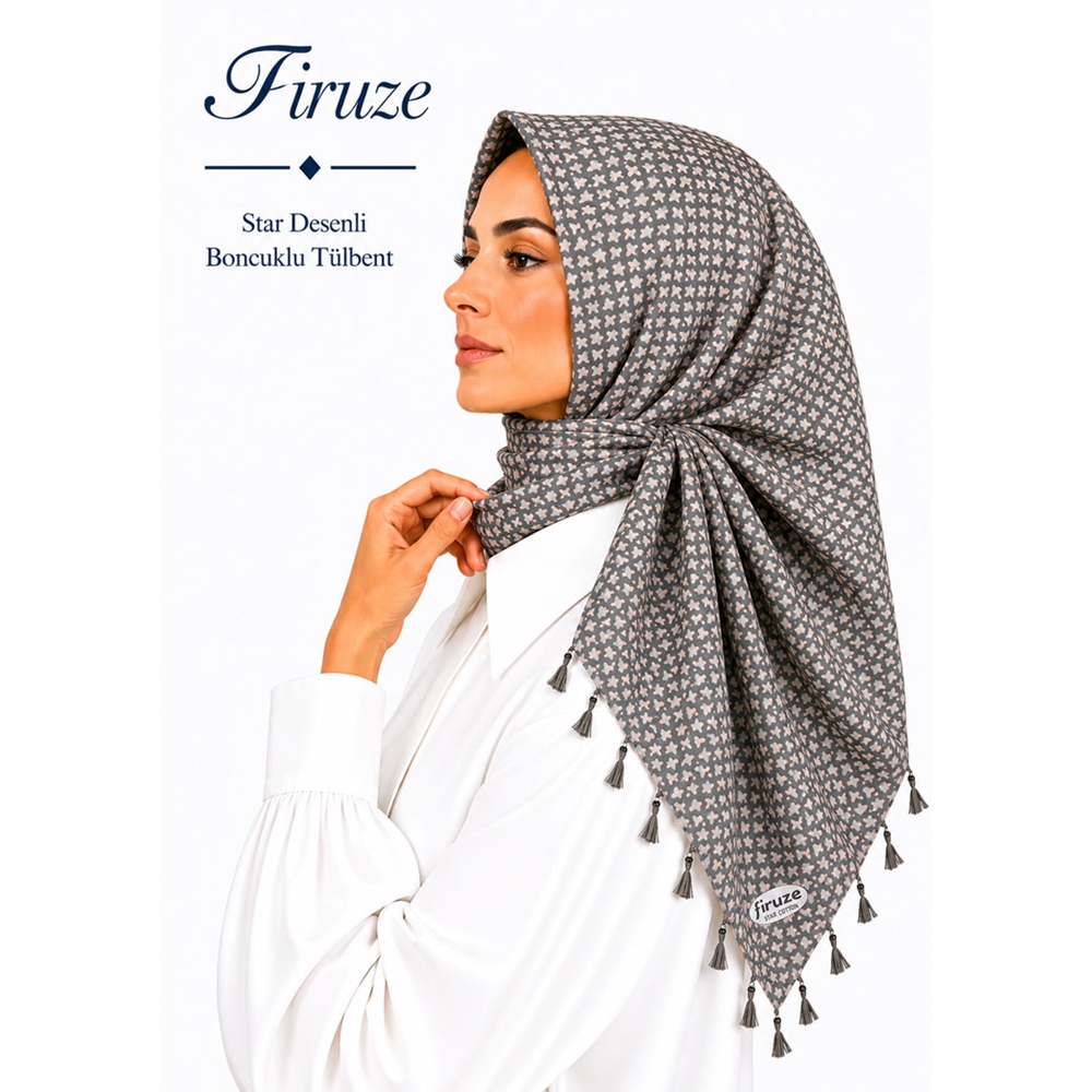 Firuze Star Desenli Boncuklu Tülbent - Desen-58