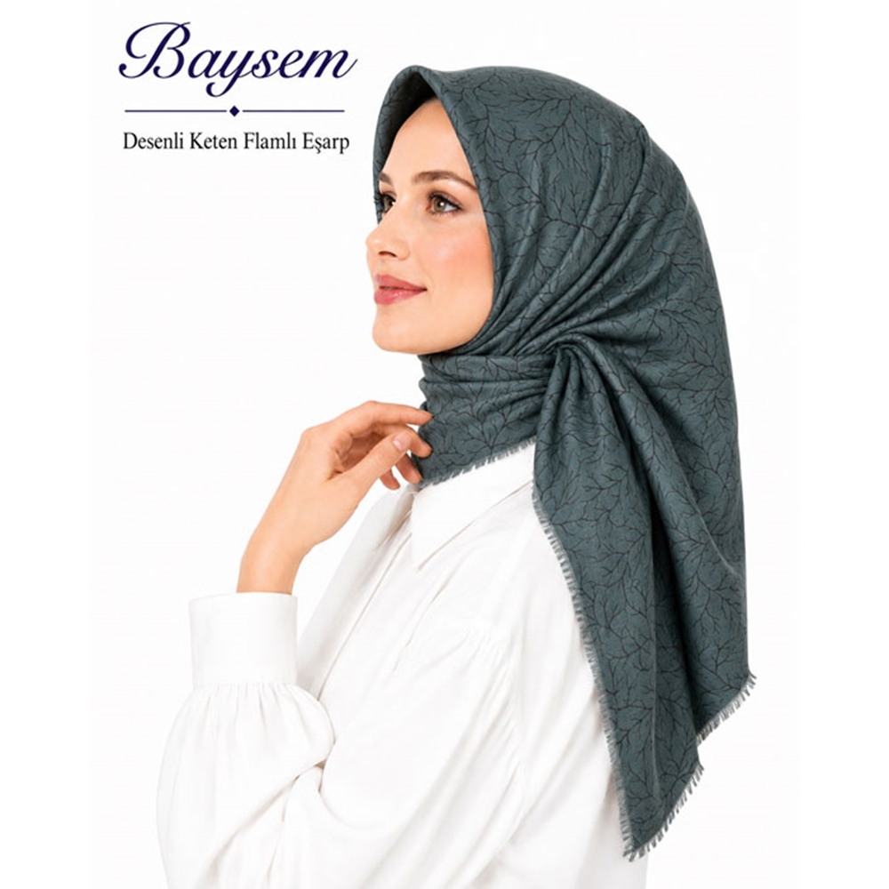 Baysem Desenli Keten Flamlı Eşarp - Desen-28