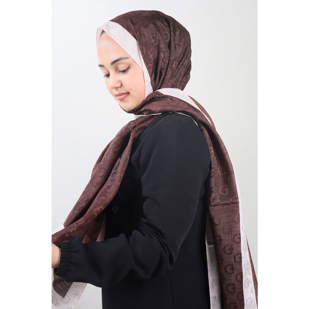 Bonjela Kendinden Desenli Şeritli Monogram Şal - Desen-01 - Renk-08
