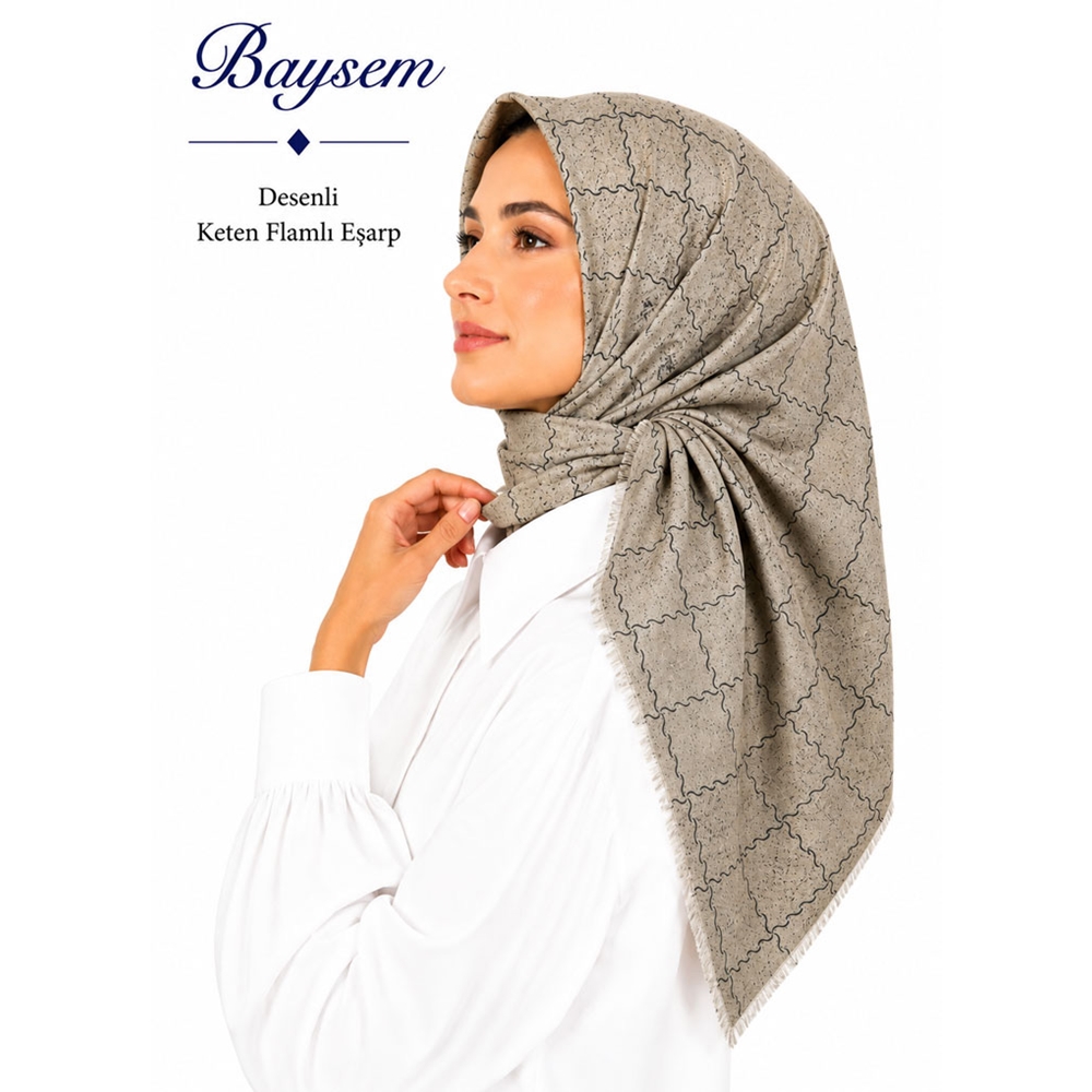 Baysem Desenli Keten Flamlı Eşarp - Desen-25