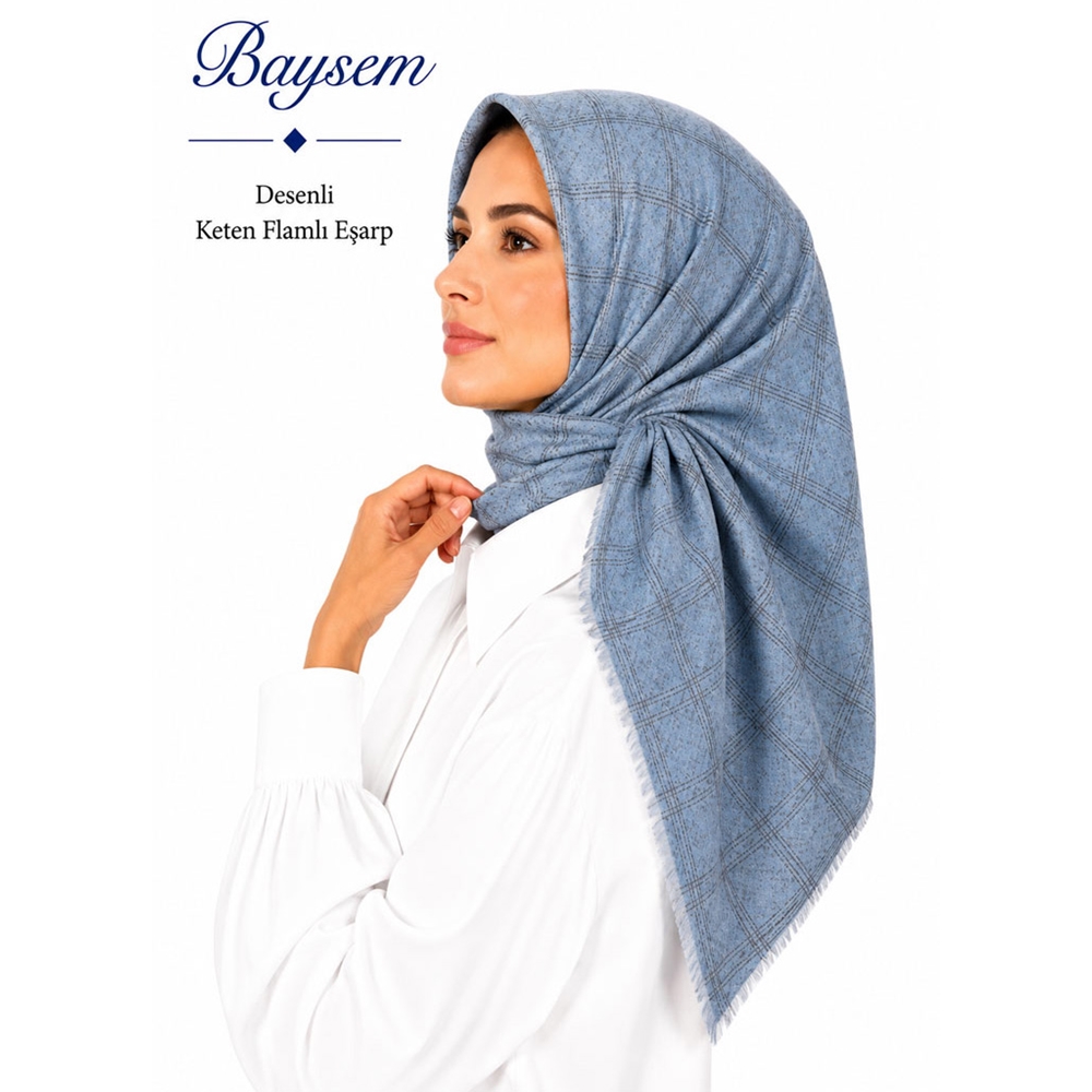 Baysem Desenli Keten Flamlı Eşarp - Desen-26